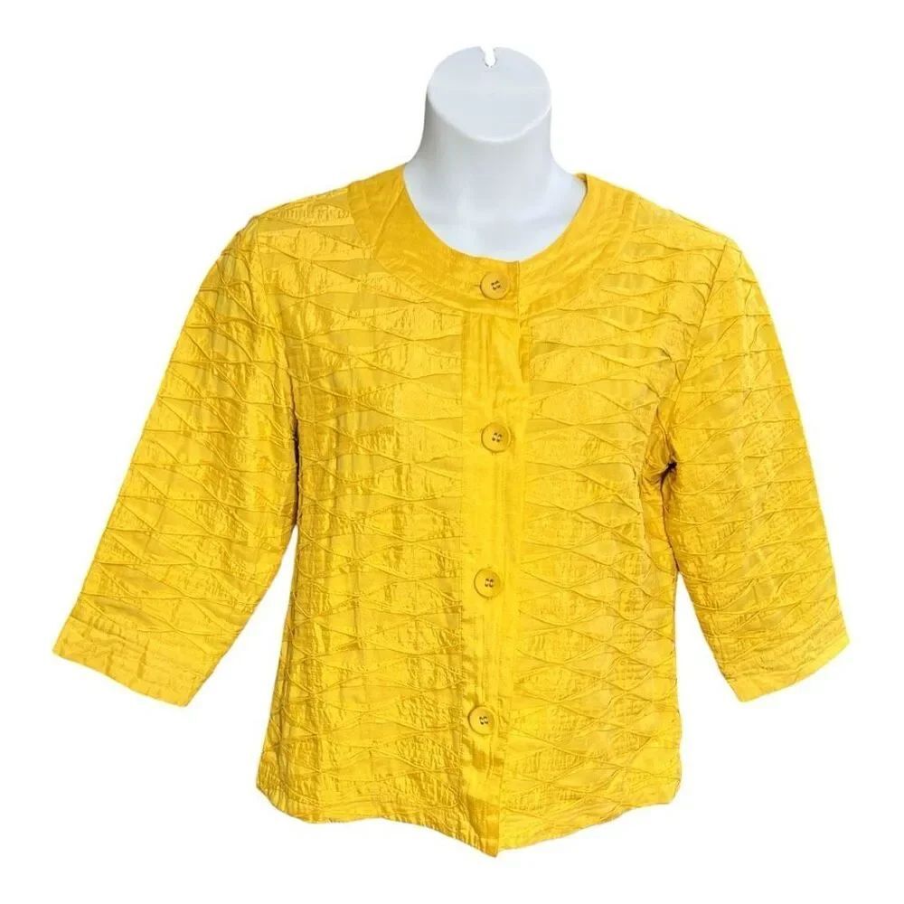 Chico's Yellow Textured Blazer Jacket Size M Button Up Cotton Collarless